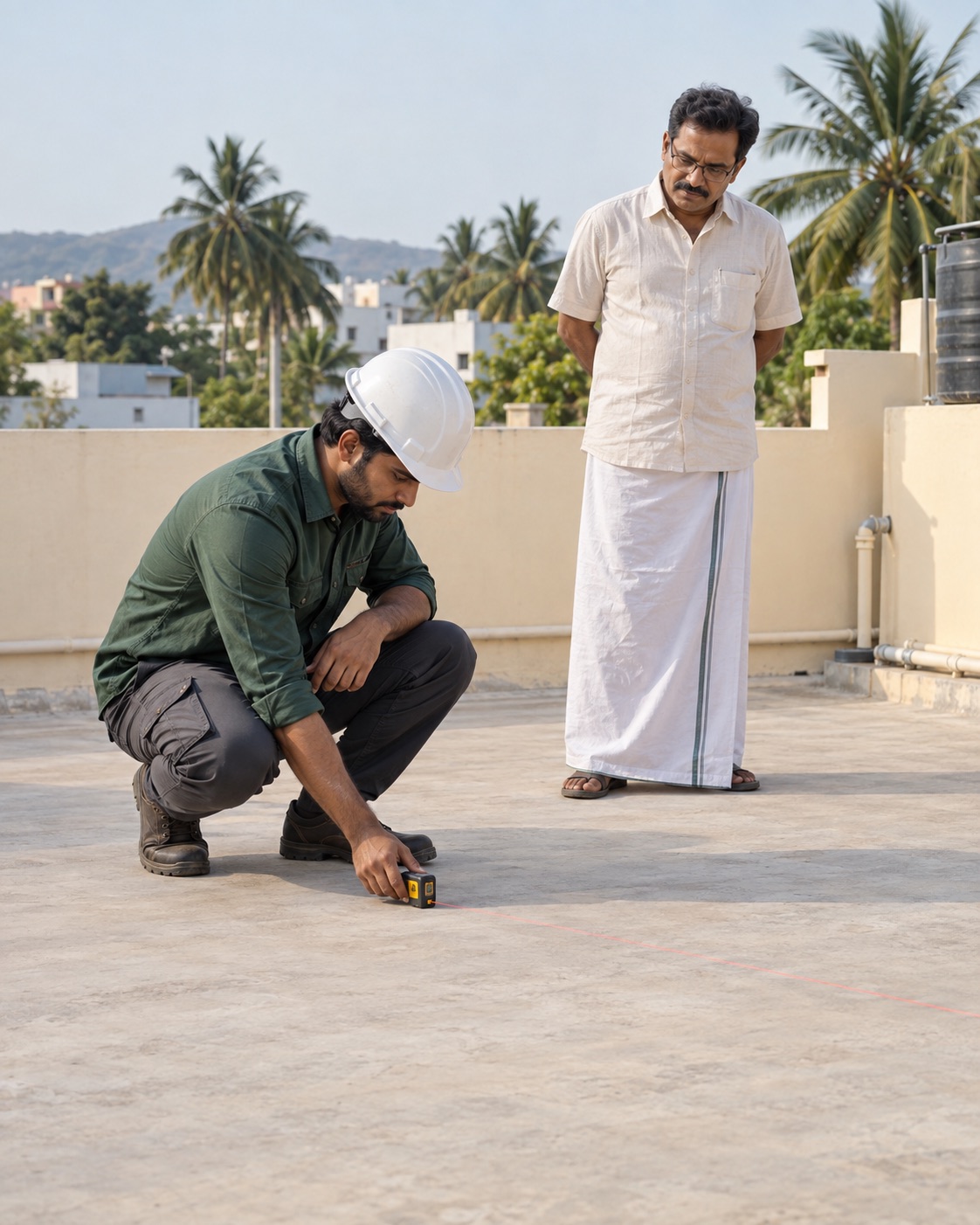 Engineer surveying the available space on a villa terrace