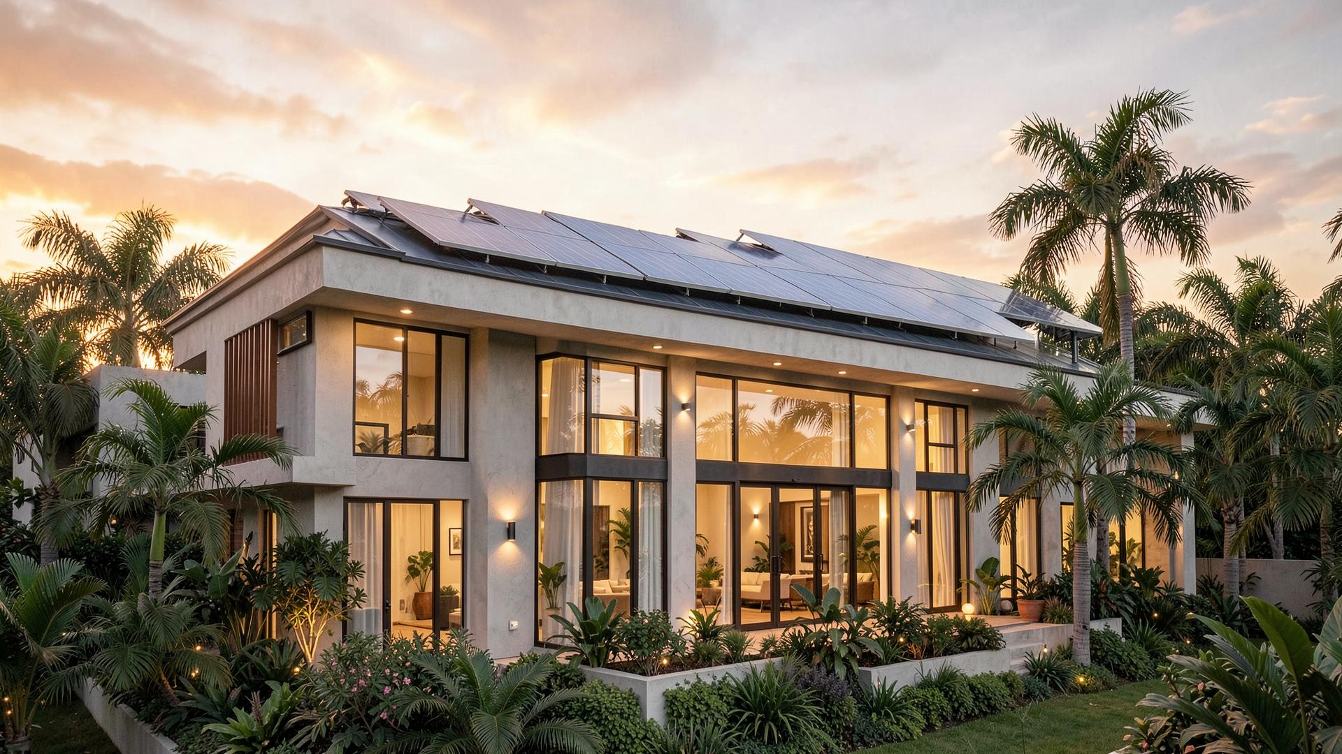 Solar-powered contemporary home in the warm evening light