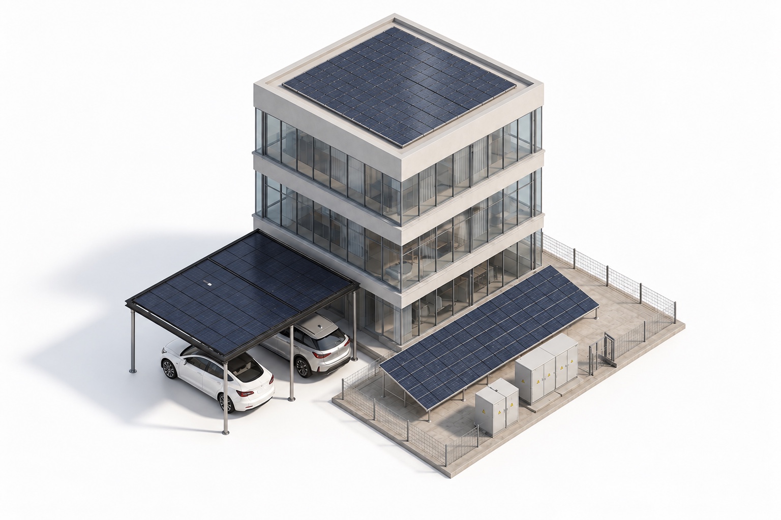Architectural model of a commercial building with rooftop solar, a solar carport and ground-mounted panels