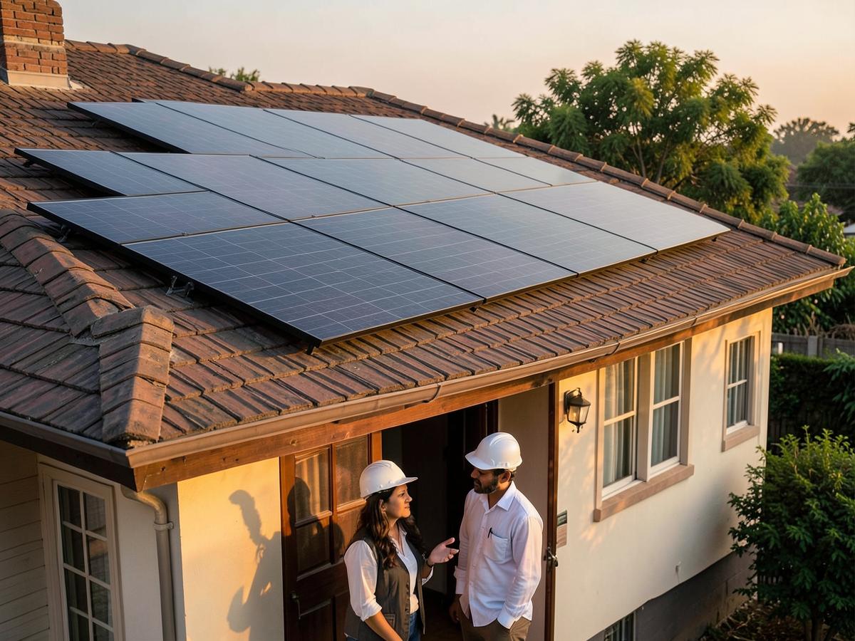 Rooftop solar panels on a house in warm evening light